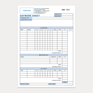 Daywork Sheet Template for Builders and Painters
