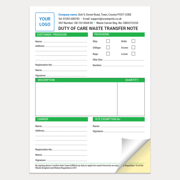 Waste Transfer Note A5 NCR Carbonless Pads or Books WTN010